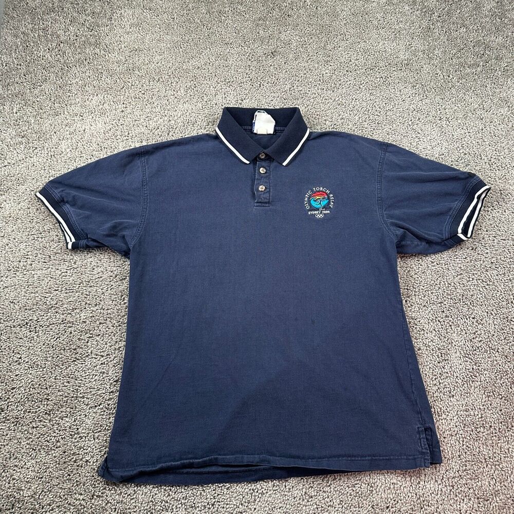 VINTAGE Y2K Sydney Olympics Shirt Mens L Blue 2000 Torch Relay Australia Polo*